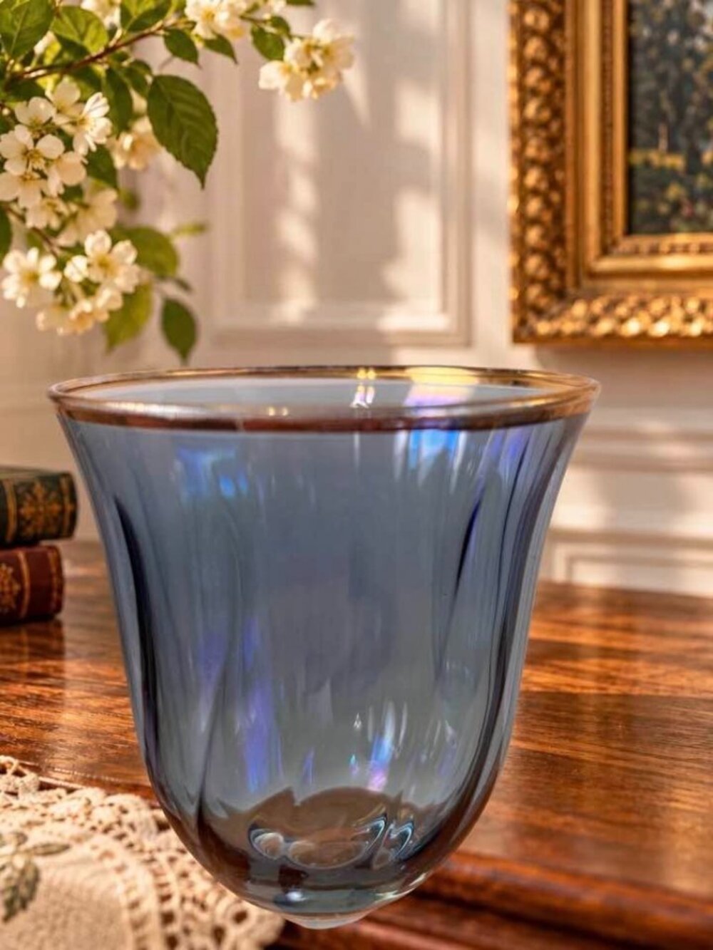 Pair Vintage Hand-Blown Smoky Blue Iridescent Optic Goblets – Gold Rim – 7¾" Art - Picture 3 of 9